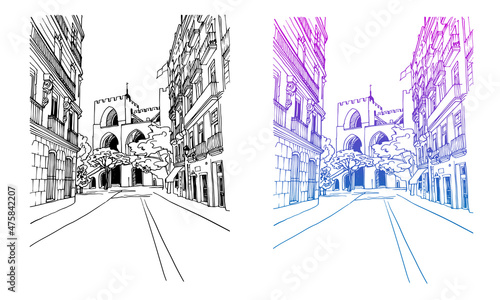 Nice view of old street. Valencia  Catalonia  Spain. Urban landscape. Urban sketch. Hand drawn ink style. Line art. Vector background on white.