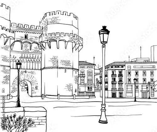 Old Walls of an old fortress in Valencia. Valencia, Catalonia, Spain. Urban landscape. Urban sketch. Hand drawn ink style. Line art. Black and white and colorful Vector illustration.
