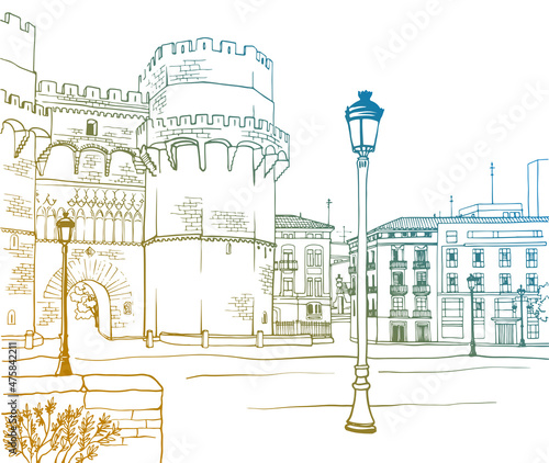 Old Walls of an old fortress in Valencia. Valencia, Catalonia, Spain. Urban landscape. Urban sketch. Hand drawn ink style. Line art. Black and white and colorful Vector illustration.