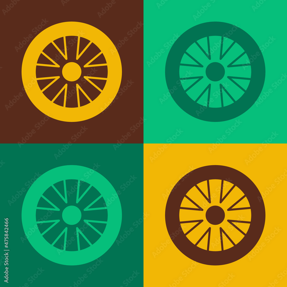 Pop art Alloy wheel for car icon isolated on color background. Vector