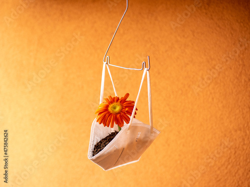 Flower planted in a used ffp2 mask, hung in front of an orange background