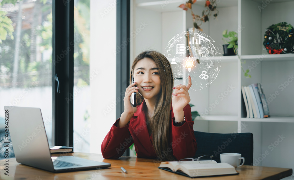 A female investment consultant examines the yearly financial report of a corporation. Stock market, office, tax concept. A female investment consultant examines the yearly financial report of a corporation. Stock market, office, tax concept.