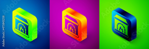 Isometric Blacksmith oven icon isolated on blue, purple and green background. Square button. Vector