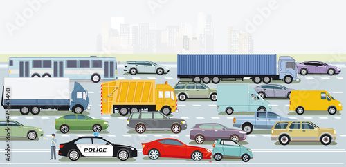 Autobahn mit LKW und Personenwagen, Illustration