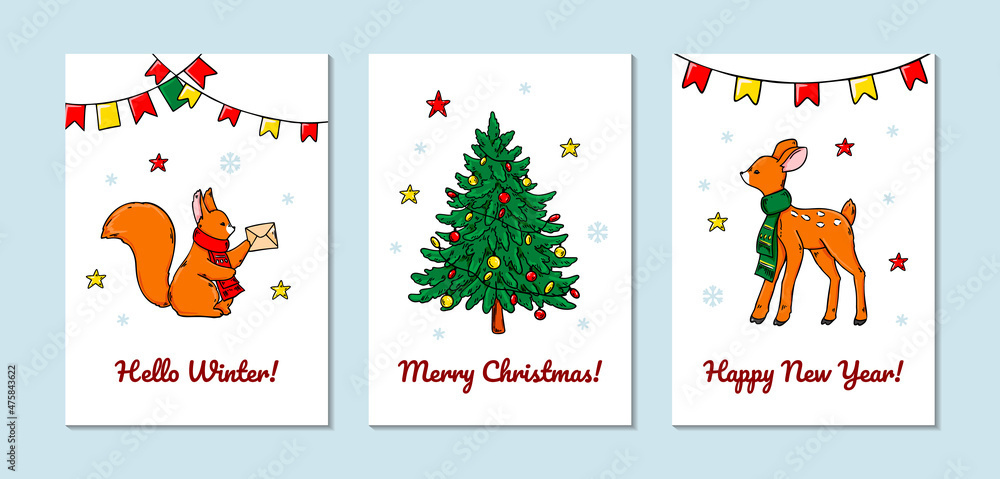 Set of vertical Merry Christmas and Happy New Year greeting cards with cute squirrel and fawn. Hand drawn vector illustration