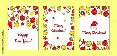 Set of colorful vertical Merry Christmas and Happy New Year greeting cards with bright Christmas tree toys. Hand drawn vector illustration