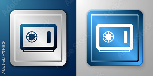 White Safe icon isolated on blue and grey background. The door safe a bank vault with a combination lock. Reliable Data Protection. Silver and blue square button. Vector