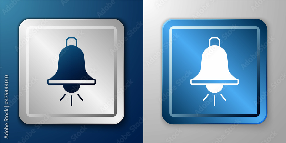 White Ringing alarm bell icon isolated on blue and grey background. Fire alarm system. Service bell, handbell sign, notification symbol. Silver and blue square button. Vector White Ringing alarm bell icon isolated on blue and grey background. Fire alarm system. Service bell, handbell sign, notification symbol. Silver and blue square button. Vector