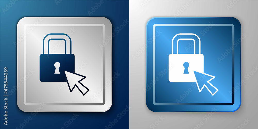 White Lock icon isolated on blue and grey background. Padlock sign. Security, safety, protection, privacy concept. Silver and blue square button. Vector White Lock icon isolated on blue and grey background. Padlock sign. Security, safety, protection, privacy concept. Silver and blue square button. Vector