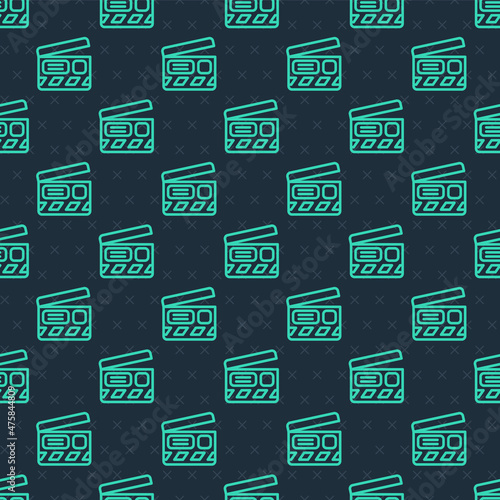 Green line Movie clapper icon isolated seamless pattern on blue background. Film clapper board. Clapperboard sign. Cinema production or media industry. Vector