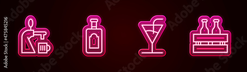 Set line Beer tap with glass, Whiskey bottle, Cocktail and Pack of beer bottles. Glowing neon icon. Vector