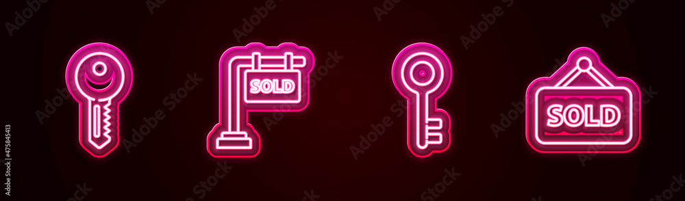 Set line House key, Hanging sign with Sold, and text. Glowing neon icon. Vector Set line House key, Hanging sign with Sold, and text. Glowing neon icon. Vector