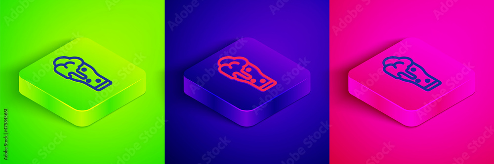 Isometric line Glass of beer icon isolated on green, blue and pink background. Square button. Vector Isometric line Glass of beer icon isolated on green, blue and pink background. Square button. Vector