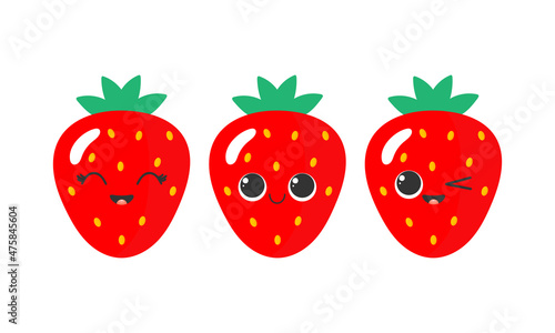 Funny strawberry in cartoon style. Greeting card or poster for children's learning, printing on the pack, printing on clothes or utensils. Character with a face and a smile. Vector illustration