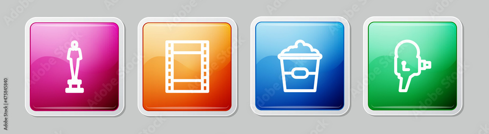Set line Movie trophy, Play Video, Popcorn in box and Retro cinema camera. Colorful square button. Vector Set line Movie trophy, Play Video, Popcorn in box and Retro cinema camera. Colorful square button. Vector