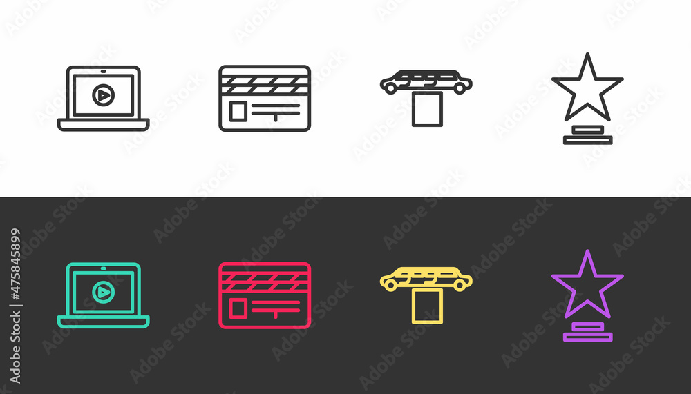 Set line Online play video, Movie clapper, Limousine car and carpet and trophy on black and white. Vector Set line Online play video, Movie clapper, Limousine car and carpet and trophy on black and white. Vector