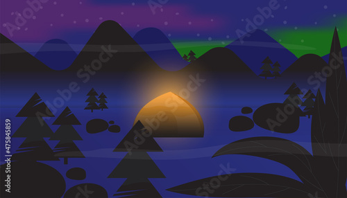 Beautiful night landscape with aurora or polar lights in sky and camp at dark with trees and mountain silhouette vector illustration.