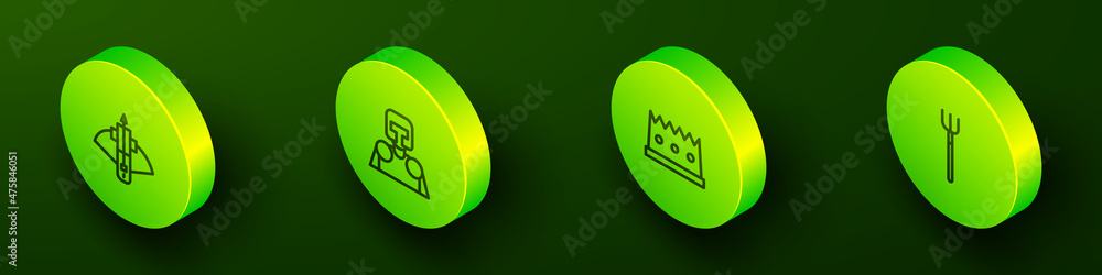 Set Isometric line Battle crossbow with arrow, Medieval knight, King crown and Garden pitchfork icon. Vector Set Isometric line Battle crossbow with arrow, Medieval knight, King crown and Garden pitchfork icon. Vector