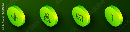 Set Isometric line Battle crossbow with arrow, Medieval knight, King crown and Garden pitchfork icon. Vector