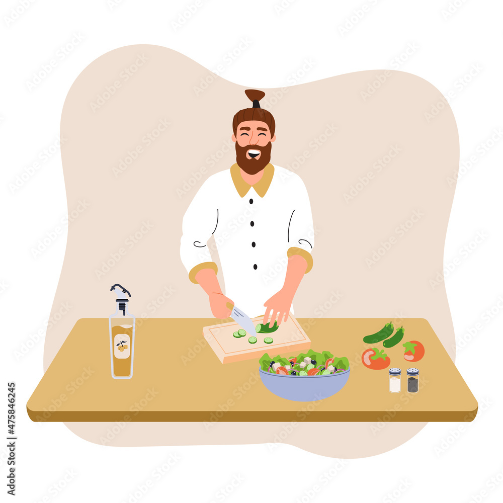 Man cooking in kitchen. Bearded chef male cutting vegetables for salad. Person preparing food. Man cooking at home. Cartoon vector illustration isolated on white. Man cooking in kitchen. Bearded chef male cutting vegetables for salad. Person preparing food. Man cooking at home. Cartoon vector illustration isolated on white.
