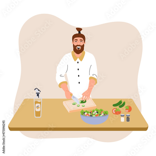 Man cooking in kitchen. Bearded chef male cutting vegetables for salad. Person preparing food. Man cooking at home. Cartoon vector illustration isolated on white.