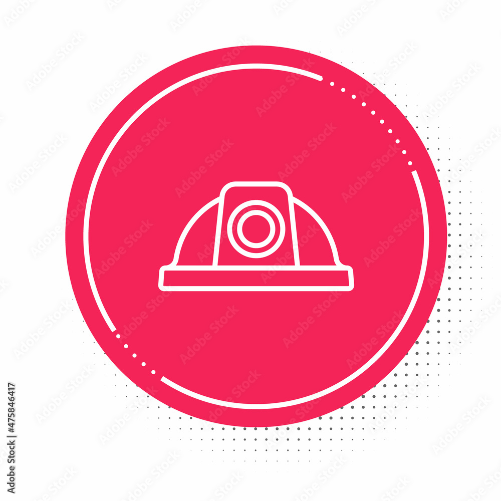White line Worker safety helmet icon isolated on white background. Red circle button. Vector White line Worker safety helmet icon isolated on white background. Red circle button. Vector