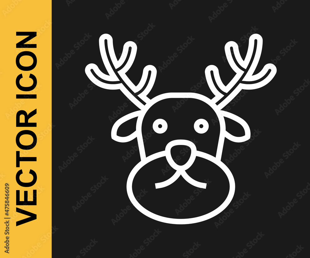 White line Reindeer icon isolated on black background. Merry Christmas and Happy New Year. Vector White line Reindeer icon isolated on black background. Merry Christmas and Happy New Year. Vector