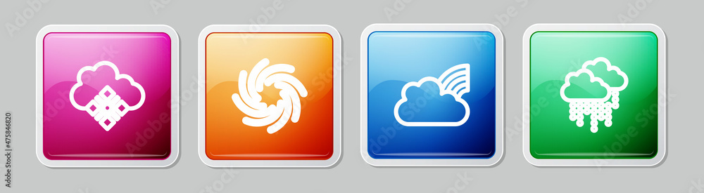 Set line Cloud with snow, Tornado, Rainbow clouds and rain. Colorful square button. Vector Set line Cloud with snow, Tornado, Rainbow clouds and rain. Colorful square button. Vector