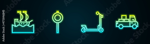 Set line Sailboat, Road traffic signpost, Scooter and Delivery truck. Glowing neon icon. Vector