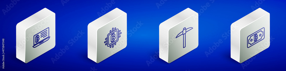 Set Isometric line Mining bitcoin from laptop, CPU mining farm, Pickaxe and Cryptocurrency icon. Vector Set Isometric line Mining bitcoin from laptop, CPU mining farm, Pickaxe and Cryptocurrency icon. Vector