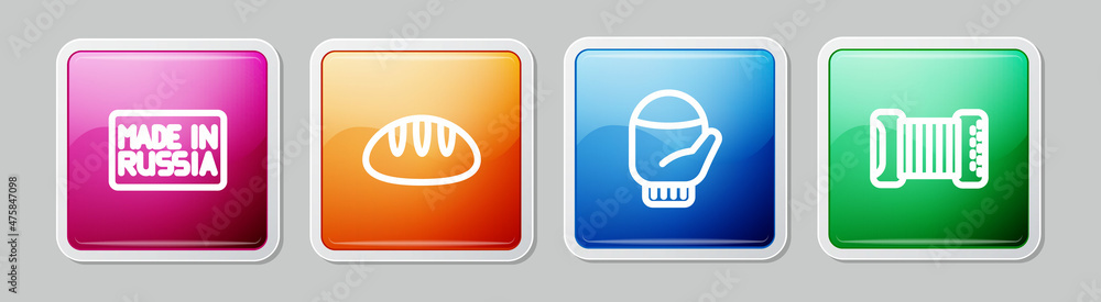 Set line Made in Russia, Bread loaf, Christmas mitten and Accordion. Colorful square button. Vector Set line Made in Russia, Bread loaf, Christmas mitten and Accordion. Colorful square button. Vector