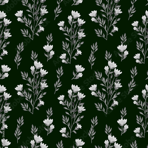 Watercolor floral seamless pattern. Monochrome lilac flowers on a dark background. Design for textiles  wallpaper  wrapping paper. Hand drawing.