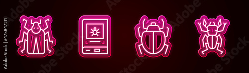 Set line Beetle bug, Book about insect, Mite and deer. Glowing neon icon. Vector