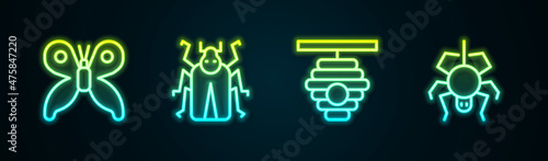 Set line Butterfly, Beetle bug, Hive for bees and Spider. Glowing neon icon. Vector