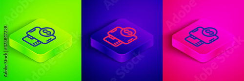 Isometric line Smartphone with dollar symbol icon isolated on green, blue and pink background. Online shopping concept. Financial mobile phone icon. Online payment. Square button. Vector