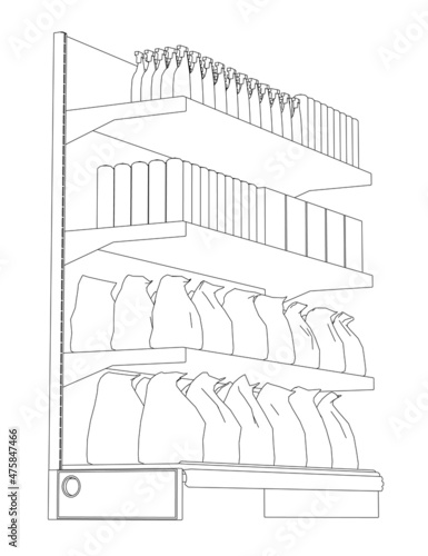 Outline of shop rack with goods from black lines isolated on white background. Bags, packaging, bottles. Side view. Vector illustration