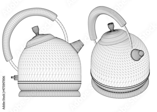 Set with teapot wireframes from black lines isolated on white background. Side view, isometric. 3D. Vector illustration