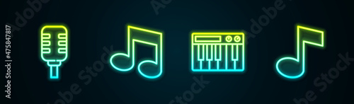 Set line Microphone, Music note, tone, synthesizer and . Glowing neon icon. Vector