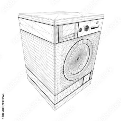 Washing machine wireframe from black lines isolated on white background. Perspective view. 3D. Vector illustration