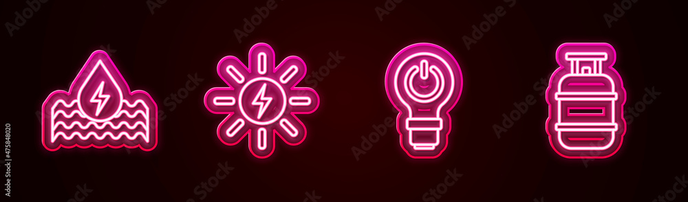 Set line Water energy, Solar panel, Light bulb with lightning and Propane gas tank. Glowing neon icon. Vector Set line Water energy, Solar panel, Light bulb with lightning and Propane gas tank. Glowing neon icon. Vector
