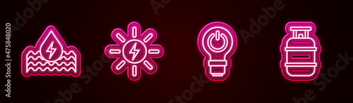 Set line Water energy, Solar panel, Light bulb with lightning and Propane gas tank. Glowing neon icon. Vector