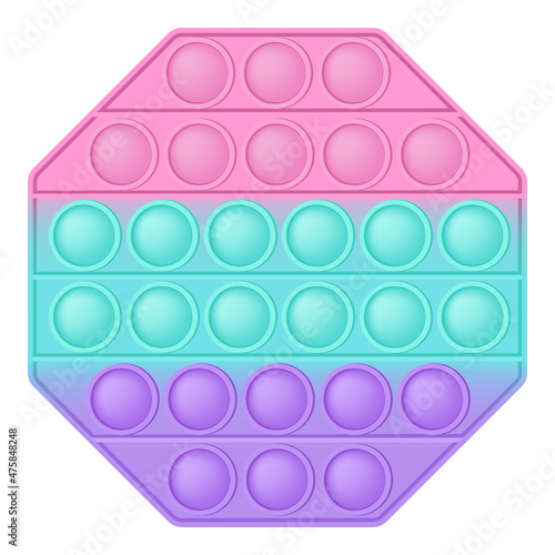 Popit figure octagon as a fashionable silicon toy for fidgets. Addictive anti stress toy in pastel colors. Bubble anxiety developing vibrant pop it toys for kids. Vector illustration isolated on white