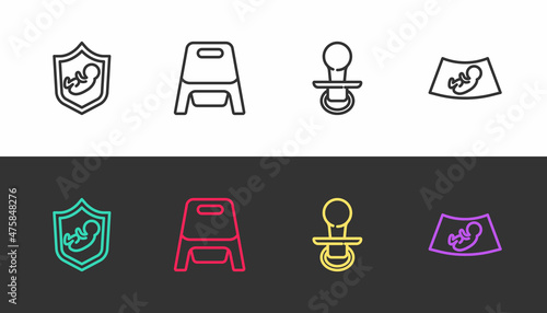 Set line Baby on shield, potty, dummy pacifier and Ultrasound of baby on black and white. Vector
