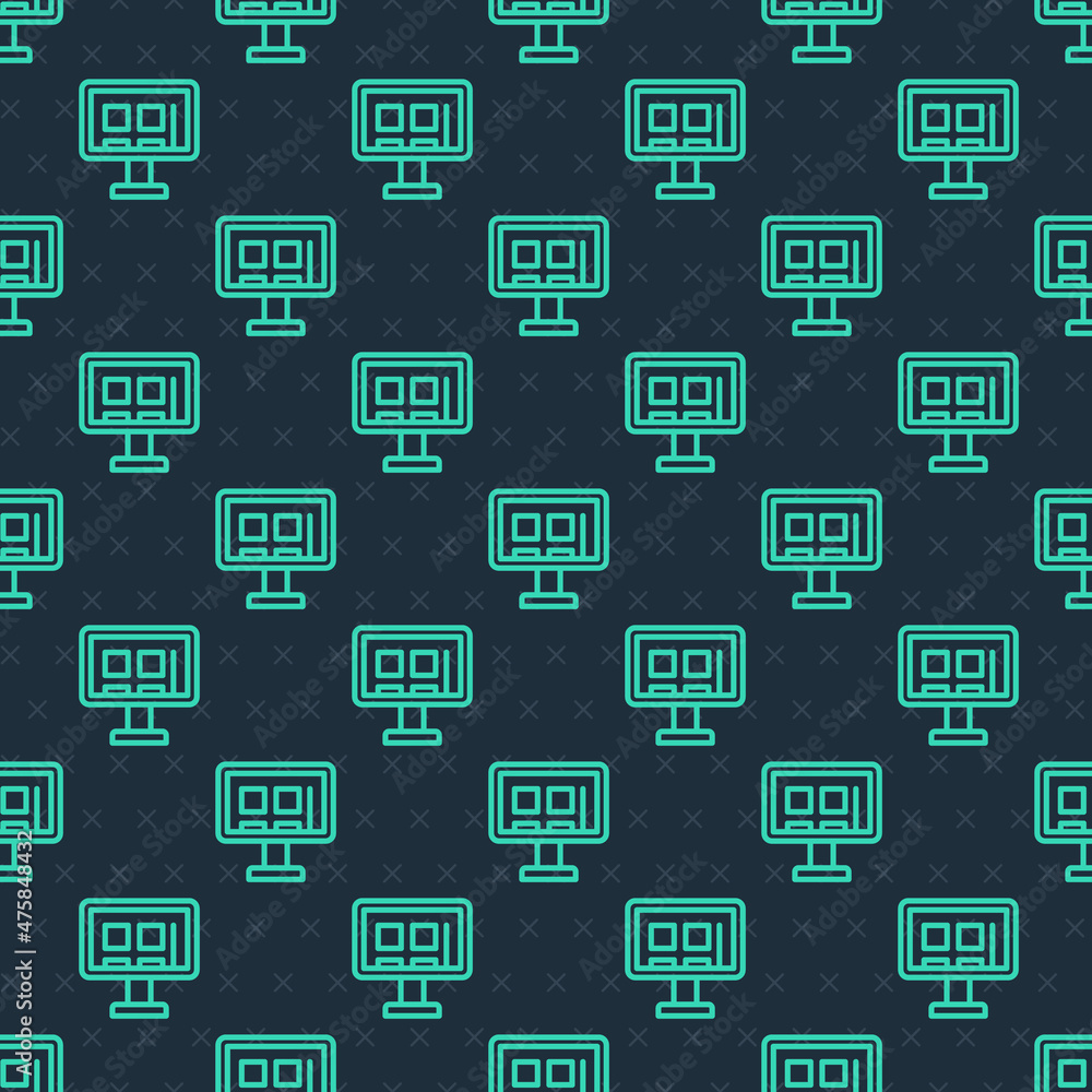 Green line Online shopping on screen icon isolated seamless pattern on blue background. Concept e-commerce, e-business, online business marketing. Vector Green line Online shopping on screen icon isolated seamless pattern on blue background. Concept e-commerce, e-business, online business marketing. Vector