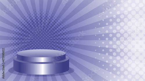 Vector pop art background in a trend color very peri with podium and radial lines and dots