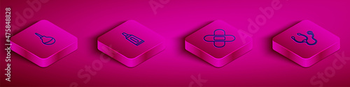 Set Isometric line Enema, Ointment cream tube medicine, Crossed bandage plaster and Stethoscope icon. Vector