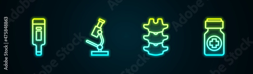 Set line Digital thermometer, Microscope, Human spine and Medicine bottle and pills. Glowing neon icon. Vector