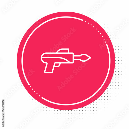 White line Fishing harpoon icon isolated on white background. Fishery manufacturers for catching fish under water. Diving underwater equipment. Red circle button. Vector