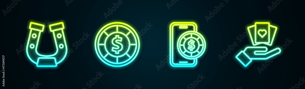 Set line Horseshoe, Casino chips, Online poker table game and Hand holding playing cards. Glowing neon icon. Vector Set line Horseshoe, Casino chips, Online poker table game and Hand holding playing cards. Glowing neon icon. Vector