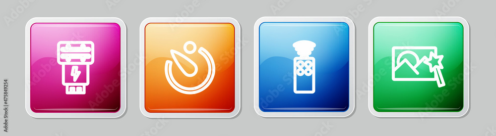 Set line Photo camera flash, Camera timer, Remote control for and retouching. Colorful square button. Vector Set line Photo camera flash, Camera timer, Remote control for and retouching. Colorful square button. Vector